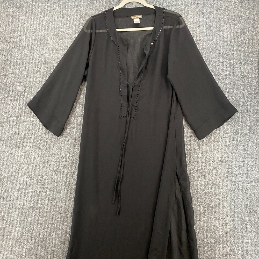Tommy Bahama Dress Womens L Black Sheer Kaftan V-Neck Beachy Coastal Cover Up